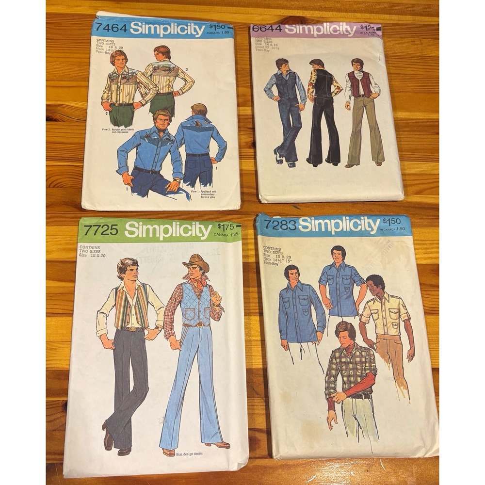 Lot of 4 Vintage 1970s Simplicity Sewing Patterns Men Western Shirt Vest Flared